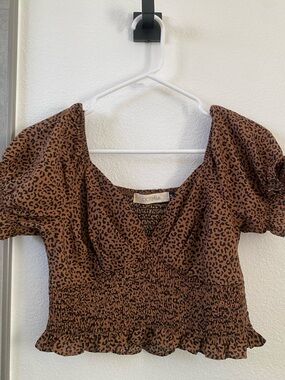 OOTDFash Brown Leopard-Print Smocked Crop Top
